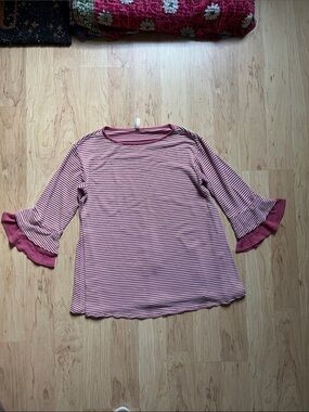 Emerald Pink and White Striped Ruffle-Sleeve Long Sleeve Top